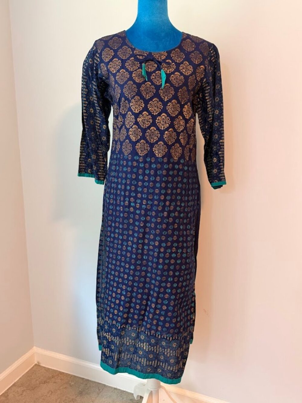 Navy Cotton Kurti Gold Print Green Trim Tassel Tie